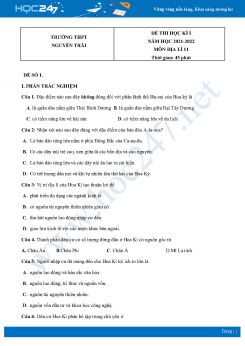 Bộ 5 Đề thi HK1 môn Địa Lí 11 năm 2021 - 2022 Trường THPT Nguyễn Trãi có đáp án