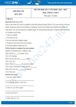 Bộ 5 đề thi HK1 môn Tiếng Anh 4 năm 2021-2022 có đáp án Trường TH Bàu Sen