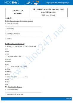 Bộ 5 đề thi HK1 môn Tiếng Anh 4 năm 2021-2022 có đáp án Trường TH Mê Linh