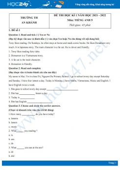 Bộ 5 đề thi HK1 môn Tiếng Anh 5 năm 2021-2022 có đáp án Trường TH An Khánh