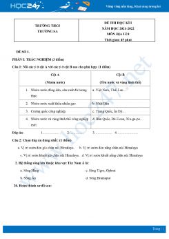 Bộ 5 Đề thi HK1 môn Địa Lí 8 năm 2021 - 2022 Trường THCS Trường Sa có đáp án