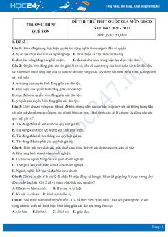 Bộ 5 đề thi thử THPT QG môn GDCD năm 2021-2022 trường THPT Quế Sơn