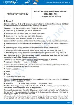 Bộ 5 đề thi thử THPT QG năm 2021-2022 môn Tiếng Anh Trường THPT Nguyễn Du