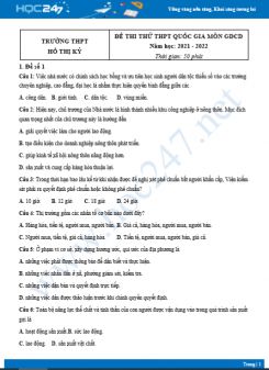 Bộ 5 đề thi thử THPT QG môn GDCD năm 2021-2022 trường THPT Hồ Thị Kỷ