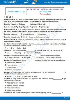 Bộ 5 đề thi thử THPT QG năm 2021-2022 môn Tiếng Anh Trường THPT Lê Lợi