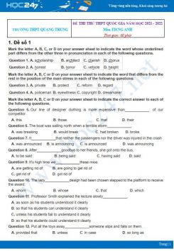 Bộ 5 đề thi thử THPT QG năm 2021-2022 môn Tiếng Anh Trường THPT Quang Trung