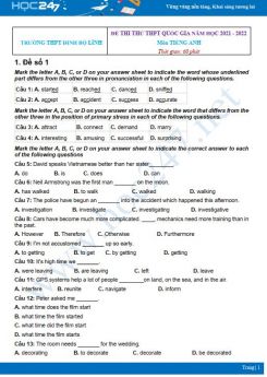 Bộ 5 đề thi thử THPT QG năm 2021-2022 môn Tiếng Anh Trường THPT Đinh Bộ Lĩnh