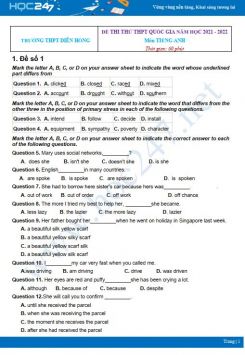 Bộ 5 đề thi thử THPT QG năm 2021-2022 môn Tiếng Anh Trường THPT Diên Hồng