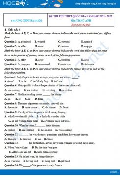 Bộ 5 đề thi thử THPT QG năm 2021-2022 môn Tiếng Anh Trường THPT Bà Điểm