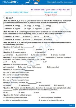 Bộ 5 đề thi thử THPT QG năm 2021-2022 môn Tiếng Anh Trường THPT Lê Hữu Trác