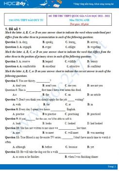 Bộ 5 đề thi thử THPT QG năm 2021-2022 môn Tiếng Anh Trường THPT Đào Duy Từ