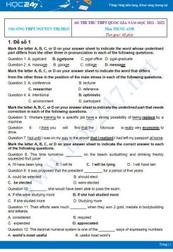 Bộ 5 đề thi thử THPT QG năm 2021-2022 môn Tiếng Anh Trường THPT Nguyễn Thị Diệu