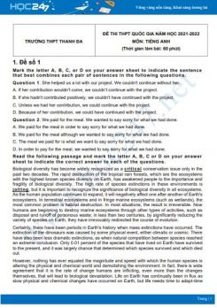 Bộ 5 đề thi thử THPT QG năm 2021-2022 môn Tiếng Anh Trường THPT Thanh Đa