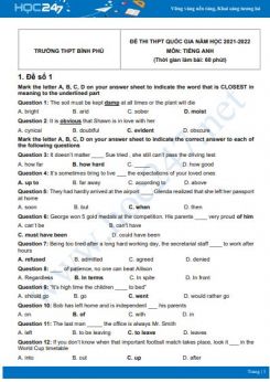 Bộ 5 đề thi thử THPT QG năm 2021-2022 môn Tiếng Anh Trường THPT Bình Phú