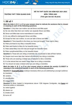 Bộ 5 đề thi thử THPT QG năm 2021-2022 môn Tiếng Anh Trường THPT Trần Quang Khải