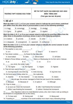 Bộ 5 đề thi thử THPT QG năm 2021-2022 môn Tiếng Anh Trường THPT Hoàng Hoa Thám