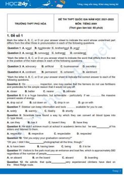 Bộ 5 đề thi thử THPT QG năm 2021-2022 môn Tiếng Anh Trường THPT Phú Hòa