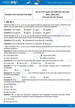 Bộ 5 đề thi thử THPT QG năm 2021-2022 môn Tiếng Anh Trường THPT Nguyễn Thái Bình