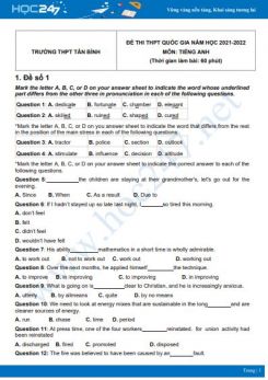 Bộ 5 đề thi thử THPT QG năm 2021-2022 môn Tiếng Anh Trường THPT Tân Bình