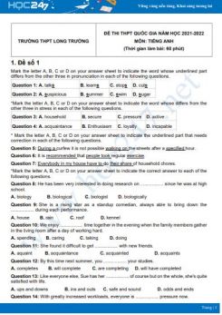 Bộ 5 đề thi thử THPT QG năm 2021-2022 môn Tiếng Anh Trường THPT Long Trường