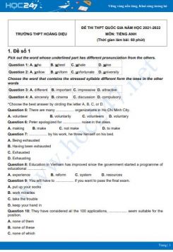 Bộ 5 đề thi thử THPT QG năm 2021-2022 môn Tiếng Anh Trường THPT Hoàng Diệu