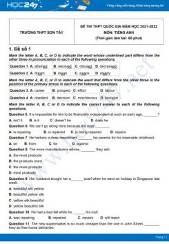 Bộ 5 đề thi thử THPT QG năm 2021-2022 môn Tiếng Anh Trường THPT Sơn Tây