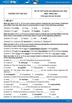 Bộ 5 đề thi thử THPT QG năm 2021-2022 môn Tiếng Anh Trường THPT Việt Đức