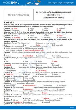 Bộ 5 đề thi thử THPT QG năm 2021-2022 môn Tiếng Anh Trường THPT Hà Trung