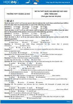 Bộ 5 đề thi thử THPT QG năm 2021-2022 môn Tiếng Anh Trường THPT Hoàng Lệ Kha