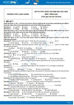 Bộ 5 đề thi thử THPT QG năm 2021-2022 môn Tiếng Anh Trường THPT Lang Chánh