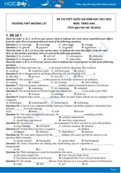 Bộ 5 đề thi thử THPT QG năm 2021-2022 môn Tiếng Anh Trường THPT Mường Lát