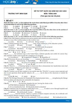 Bộ 5 đề thi thử THPT QG năm 2021-2022 môn Tiếng Anh Trường THPT Minh Đạm