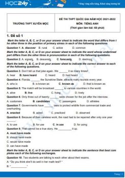 Bộ 5 đề thi thử THPT QG năm 2021-2022 môn Tiếng Anh Trường THPT Xuyên Mộc
