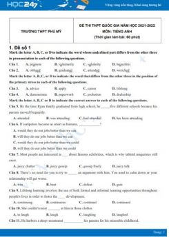 Bộ 5 đề thi thử THPT QG năm 2021-2022 môn Tiếng Anh Trường THPT Phú Mỹ