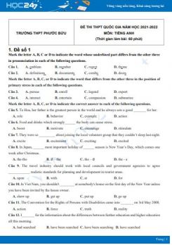 Bộ 5 đề thi thử THPT QG năm 2021-2022 môn Tiếng Anh Trường THPT Phước Bửu