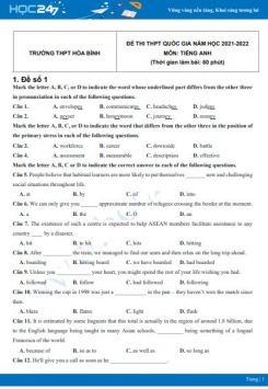 Bộ 5 đề thi thử THPT QG năm 2021-2022 môn Tiếng Anh Trường THPT Hòa Bình