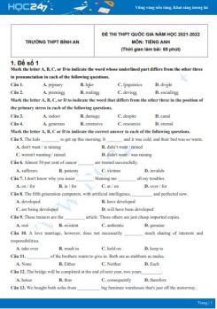 Bộ 5 đề thi thử THPT QG năm 2021-2022 môn Tiếng Anh Trường THPT Bình An