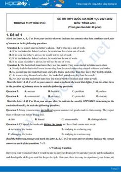 Bộ 5 đề thi thử THPT QG năm 2021-2022 môn Tiếng Anh Trường THPT Bình Phú Lần 2