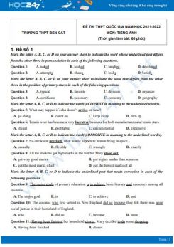Bộ 5 đề thi thử THPT QG năm 2021-2022 môn Tiếng Anh Trường THPT Bến Cát