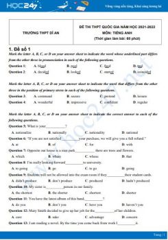 Bộ 5 đề thi thử THPT QG năm 2021-2022 môn Tiếng Anh Trường THPT Dĩ An
