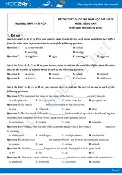 Bộ 5 đề thi thử THPT QG năm 2021-2022 môn Tiếng Anh Trường THPT Thái Hòa