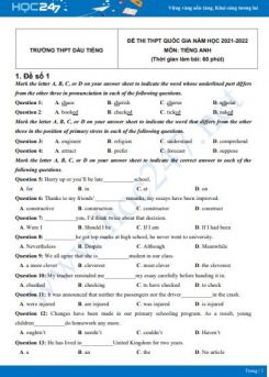 Bộ 5 đề thi thử THPT QG năm 2021-2022 môn Tiếng Anh Trường THPT Dầu Tiếng