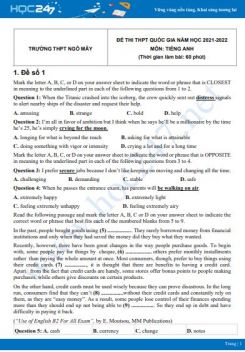 Bộ 5 đề thi thử THPT QG môn Tiếng Anh năm 2021-2022 có đáp án Trường THPT Ngô Mây