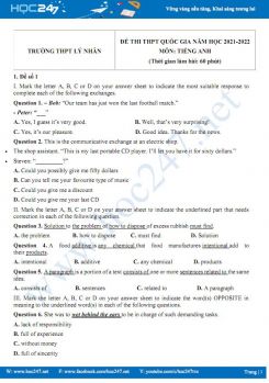 Bộ 5 đề thi thử THPT QG môn Tiếng Anh năm 2021-2022 có đáp án Trường THPT Lý Nhân
