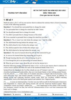Bộ 5 đề thi thử THPT QG môn Tiếng Anh năm 2021-2022 có đáp án Trường THPT Vĩnh Bình