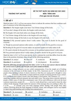 Bộ 5 đề thi thử THPT QG môn Tiếng Anh năm 2021-2022 có đáp án Trường THPT An Phú