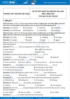 Bộ 5 đề thi thử THPT QG môn Tiếng Anh năm 2021-2022 có đáp án Trường THPT Nguyễn Văn Thoại