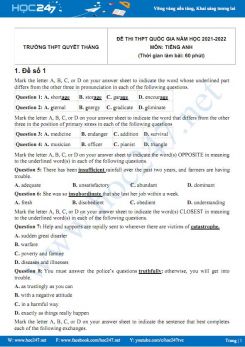 Bộ 5 đề thi thử THPT QG môn Tiếng Anh năm 2021-2022 có đáp án Trường THPT Quyết Thắng