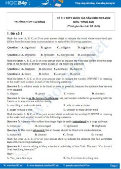 Bộ 5 đề thi thử THPT QG môn Tiếng Anh năm 2021-2022 có đáp án Trường THPT Hà Đông