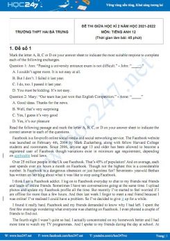 Bộ 5 đề thi giữa HK2 môn Tiếng Anh 12 có đáp án năm 2021-2022 Trường THPT Hai Bà Trưng